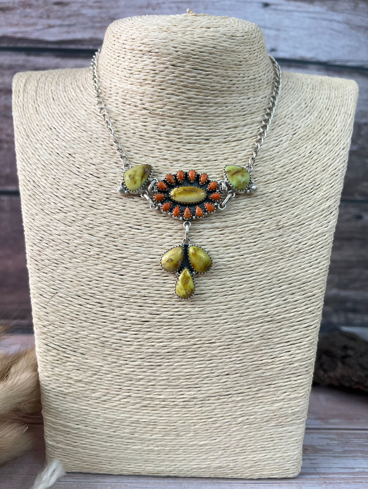 Handmade Sterling Silver Palomino Turquoise with Orange Mojave Choker Necklace "Signed Nizhoni"