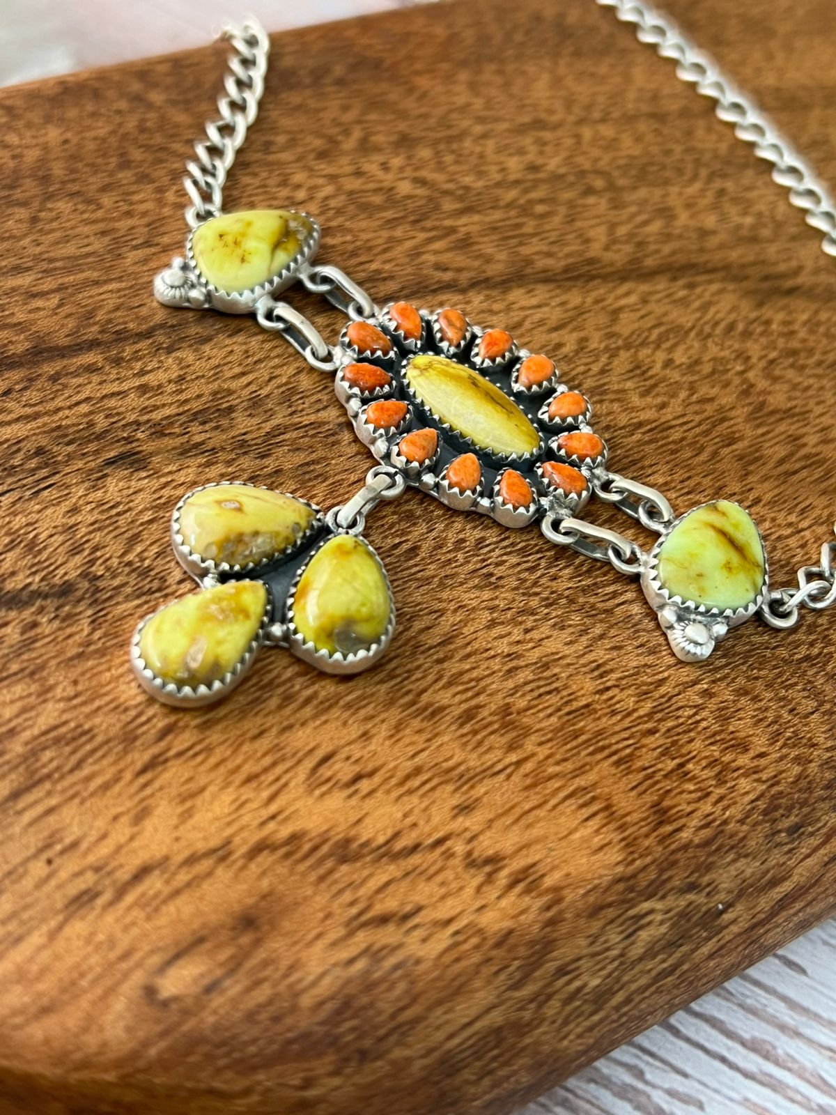 Handmade Sterling Silver Palomino Turquoise with Orange Mojave Choker Necklace "Signed Nizhoni"