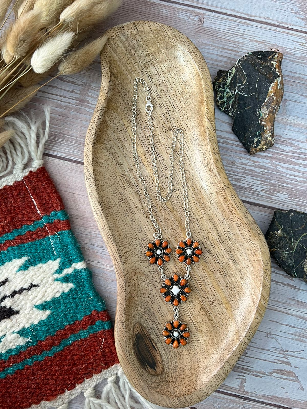 Handmade Sterling Silver White Buffalo with Orange Mojave Necklace "Signed Nizhoni"