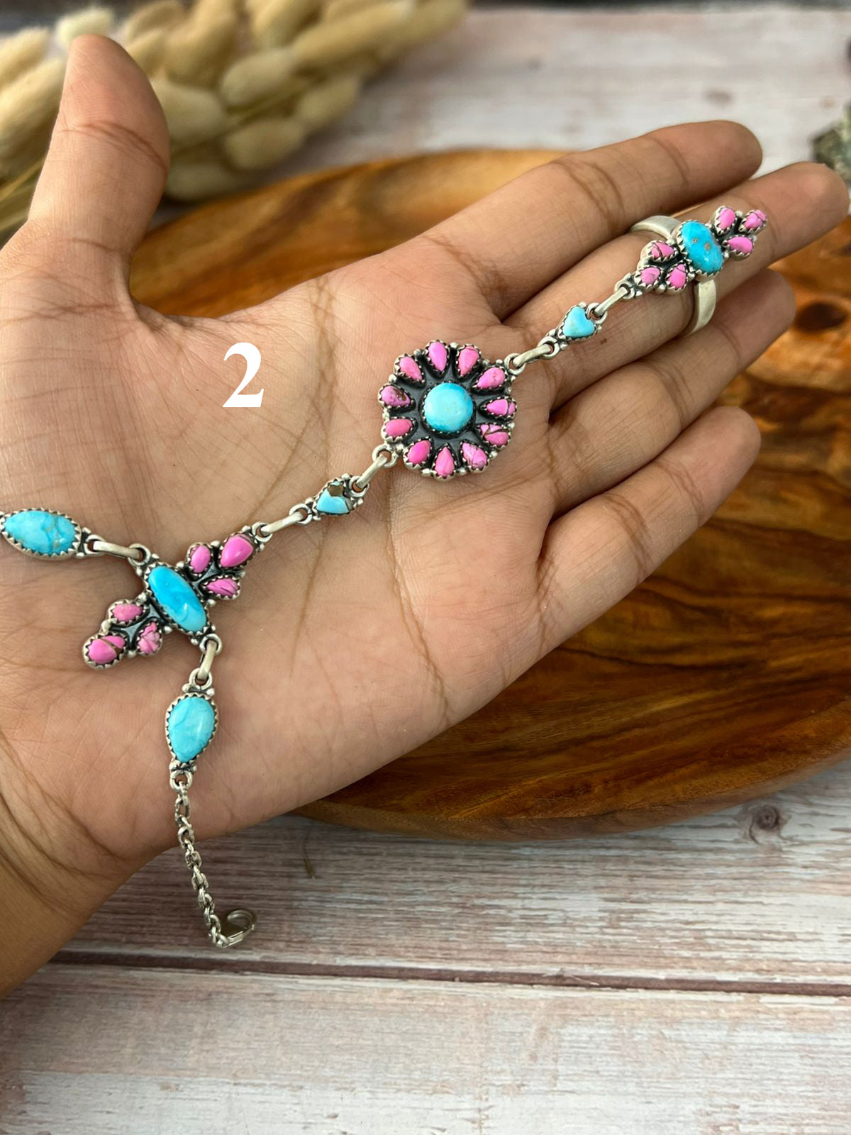 Handmade Sterling Silver Cotton Candy with White Buffalo and Sierra Bella Turquoise Hand Harness "Signed Nizhoni"