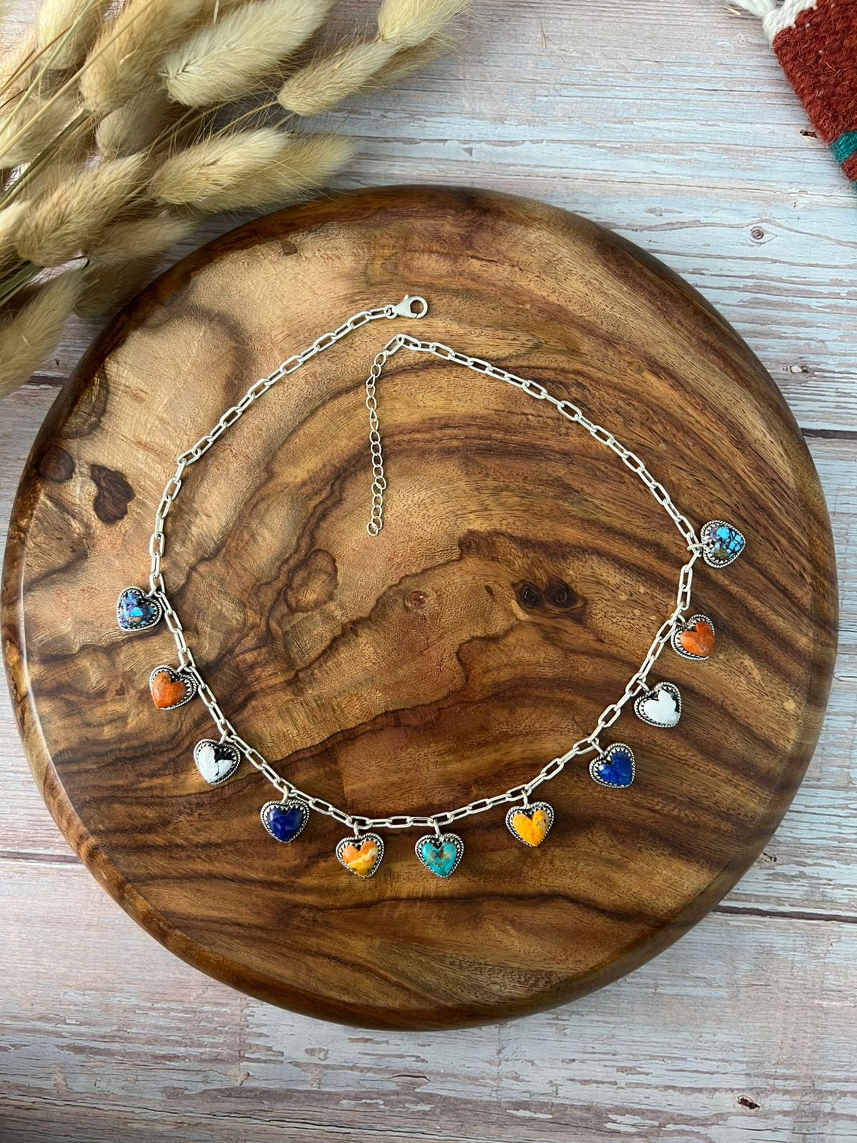 Handmade Sterling Silver Purple Copper with Bumblebee, Orange Mojave, Lapis, Kingman Turquoise and White Buffalo Heart Necklace "Signed Nizhoni"