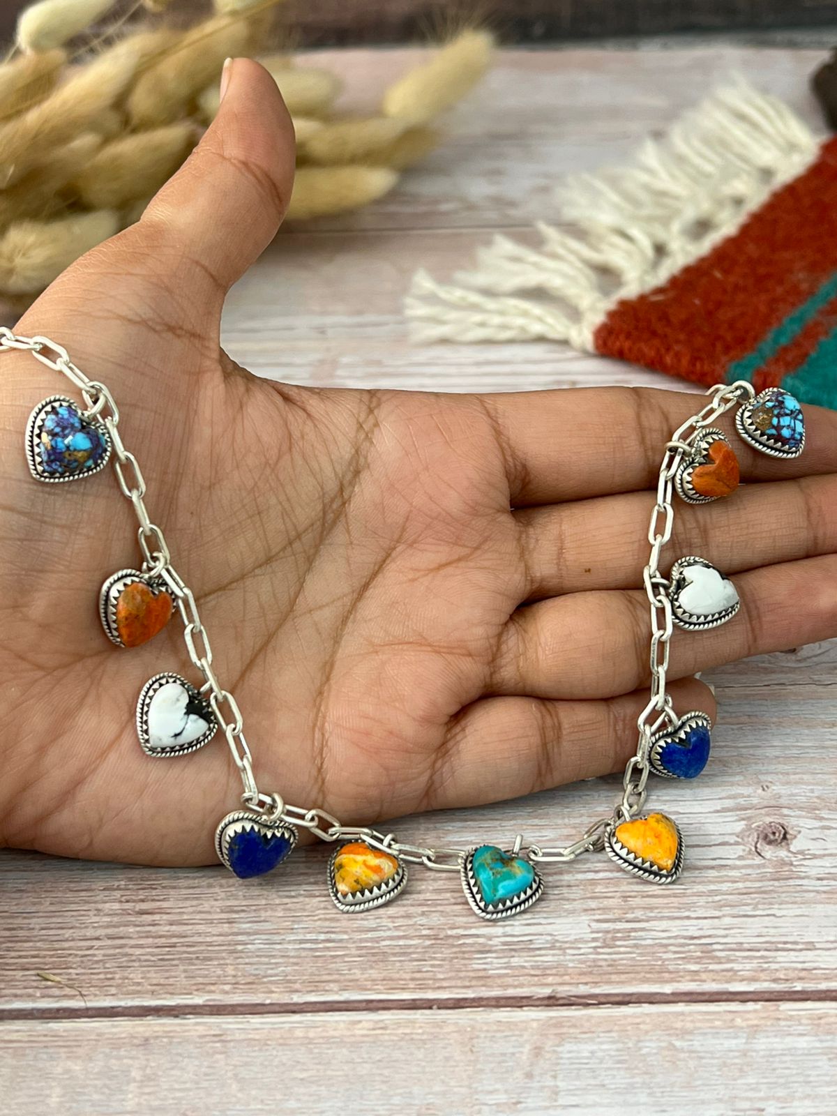 Handmade Sterling Silver Purple Copper with Bumblebee, Orange Mojave, Lapis, Kingman Turquoise and White Buffalo Heart Necklace "Signed Nizhoni"