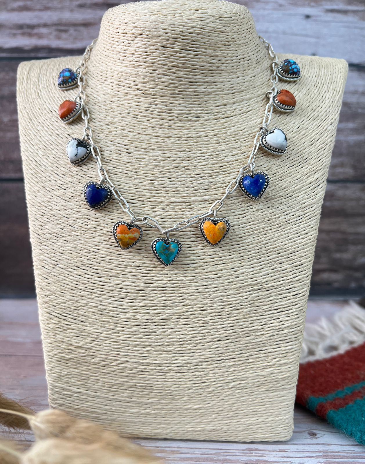 Handmade Sterling Silver Purple Copper with Bumblebee, Orange Mojave, Lapis, Kingman Turquoise and White Buffalo Heart Necklace "Signed Nizhoni"