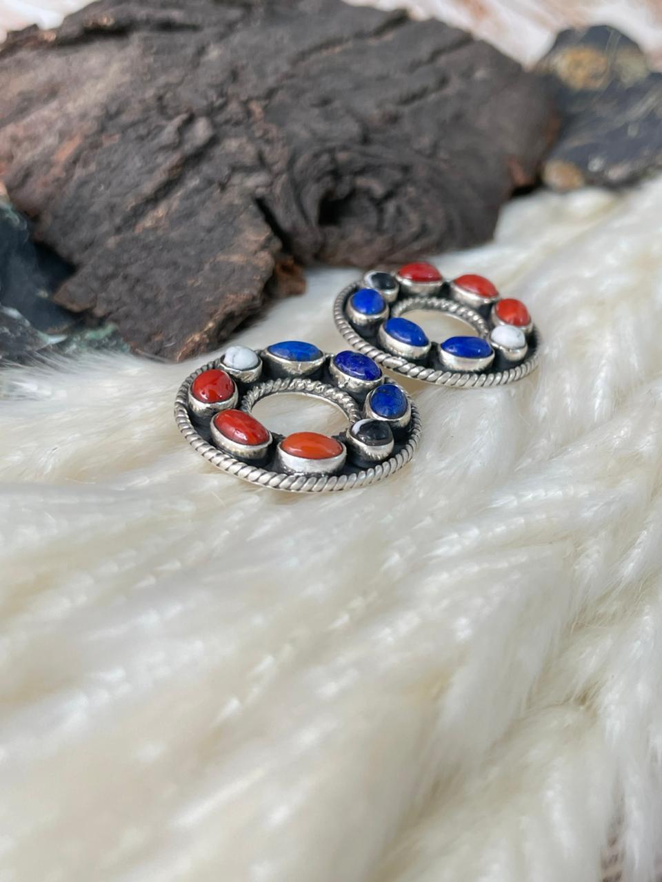 Handmade Sterling Silver 4th Of July Collection: Coral with Lapis and White Buffalo Post Studs Earrings "Signed Nizhoni"