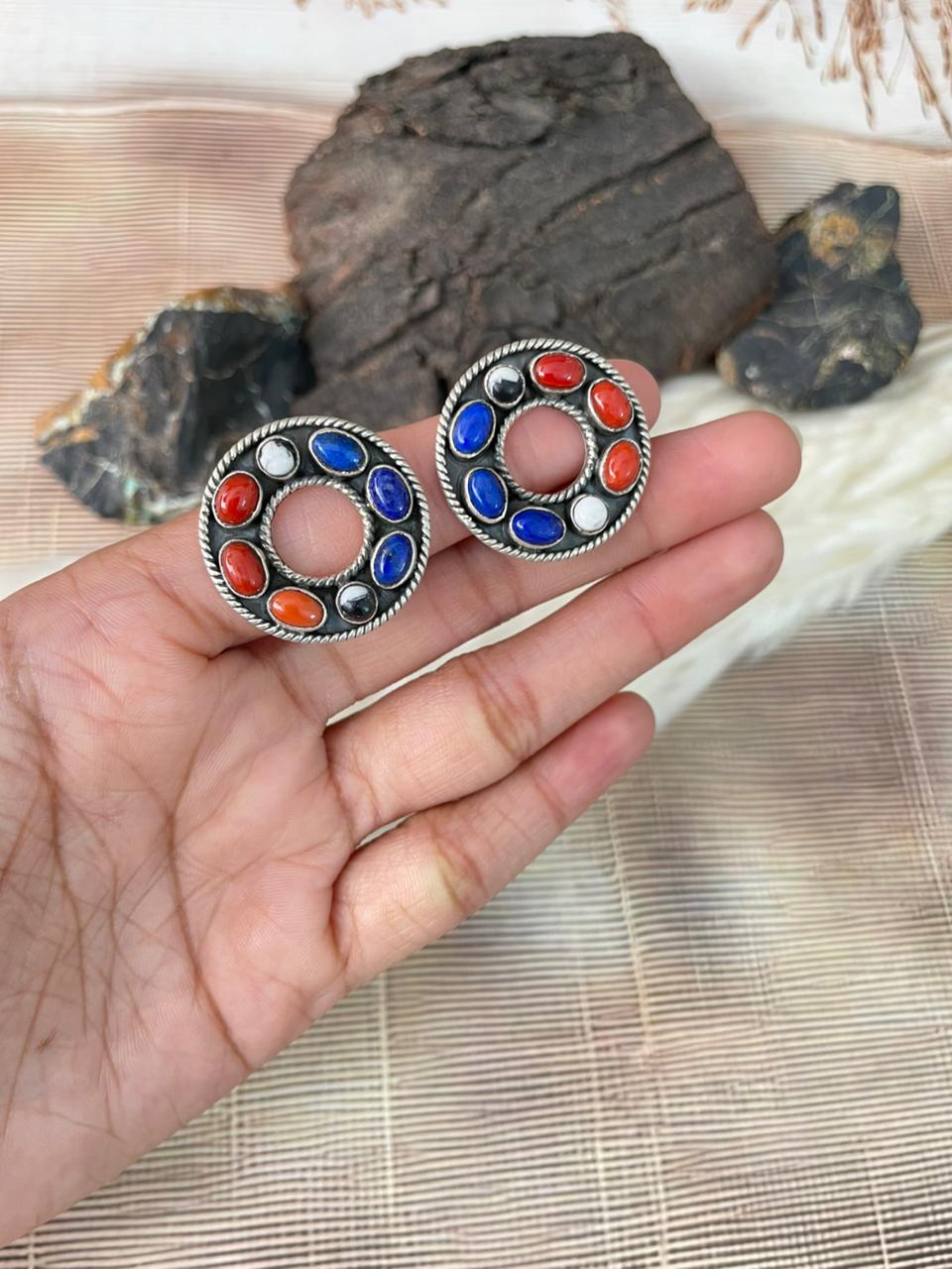 Handmade Sterling Silver 4th Of July Collection: Coral with Lapis and White Buffalo Post Studs Earrings "Signed Nizhoni"