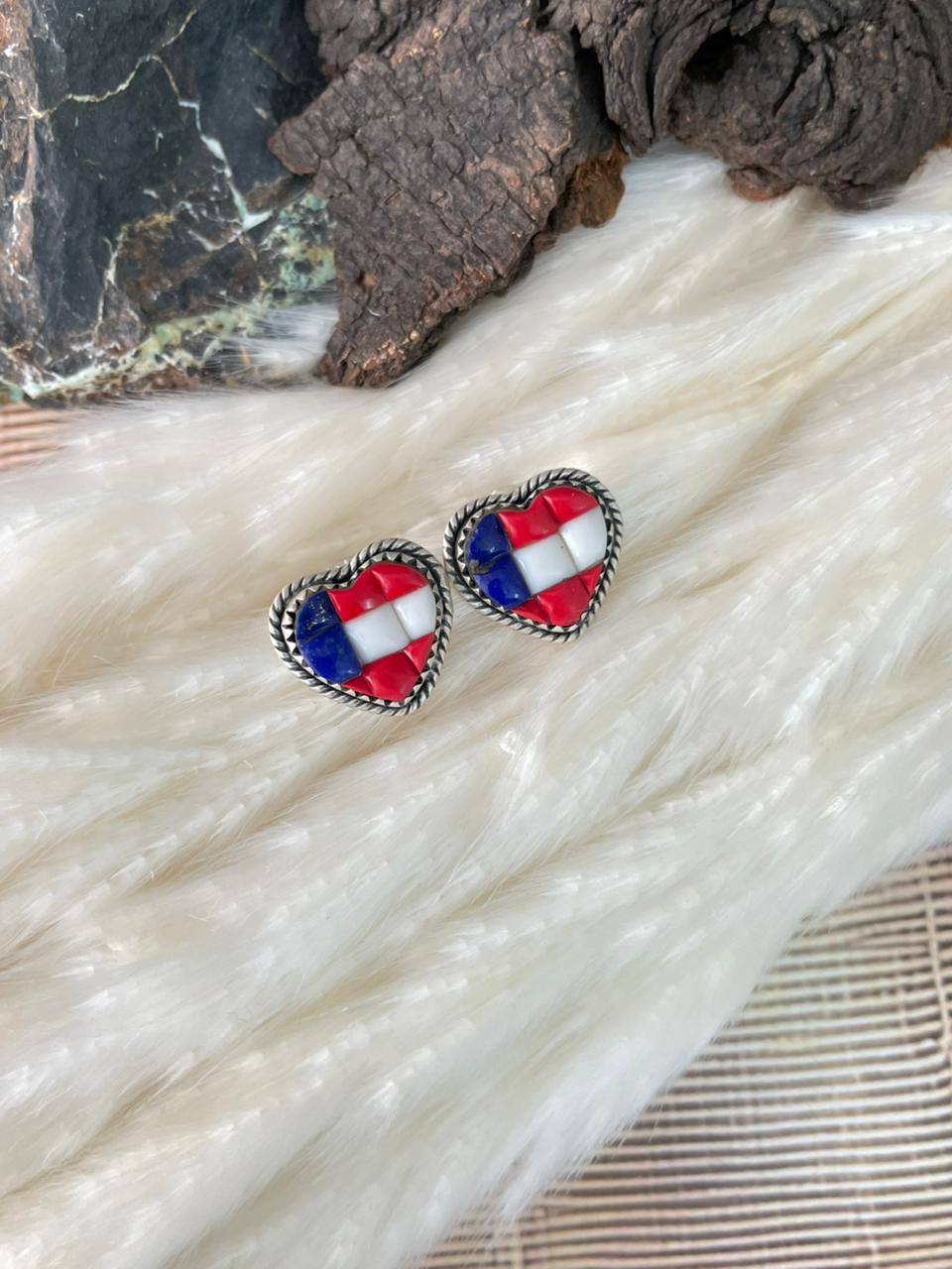 Handmade Sterling Silver 4th Of July Collection: Rosarita with Lapis and White Buffalo Post Studs Heart Earrings "Signed Nizhoni"