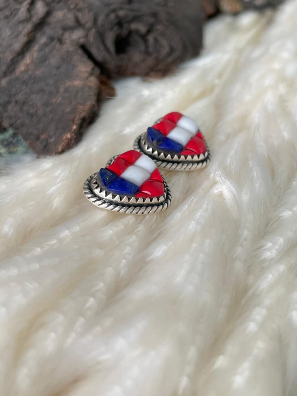 Handmade Sterling Silver 4th Of July Collection: Rosarita with Lapis and White Buffalo Post Studs Heart Earrings "Signed Nizhoni"