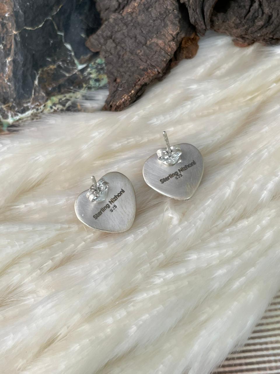 Handmade Sterling Silver 4th Of July Collection: Rosarita with Lapis and White Buffalo Post Studs Heart Earrings "Signed Nizhoni"