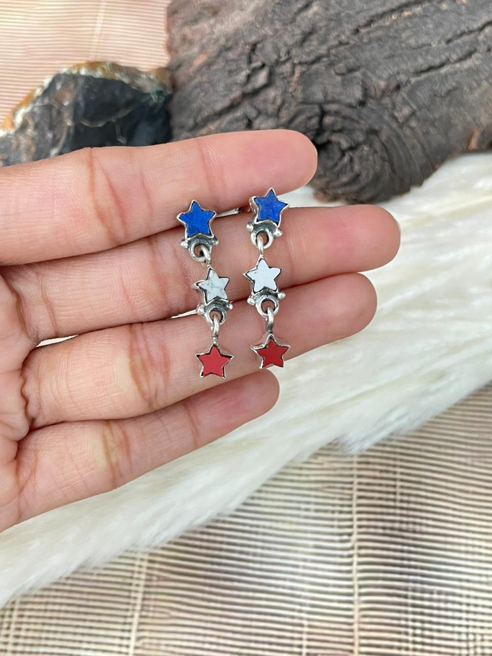 Handmade Sterling Silver 4th Of July Collection: Rosarita with Lapis and White Buffalo Post Dangle Star Earrings "Signed Nizhoni"