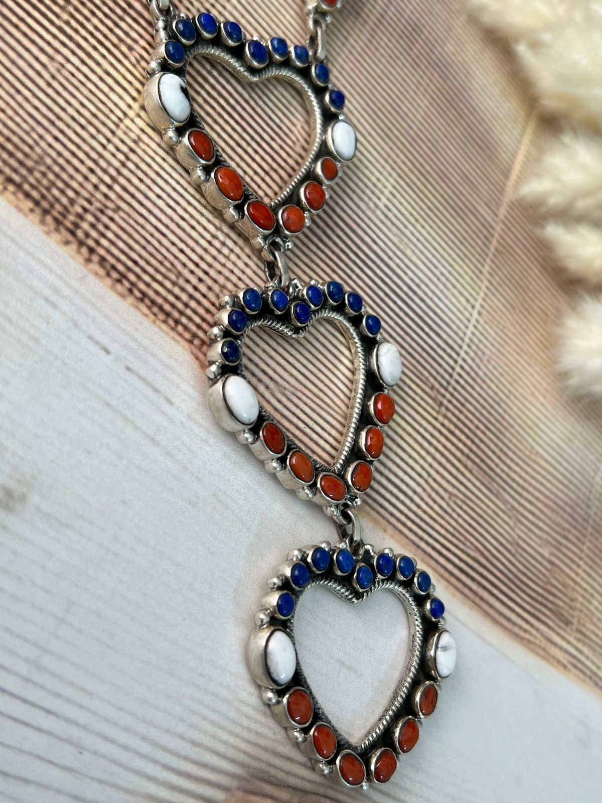 Handmade Sterling Silver 4th Of July Collection: Coral with Lapis and White Buffalo Heart Necklace "Signed Nizhoni"
