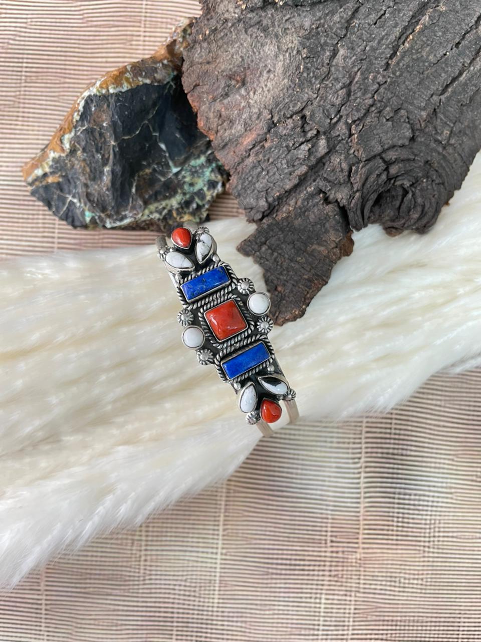 Handmade Sterling Silver 4th Of July Collection: Coral with Lapis and White Buffalo Cuff Bracelet "Signed Nizhoni"