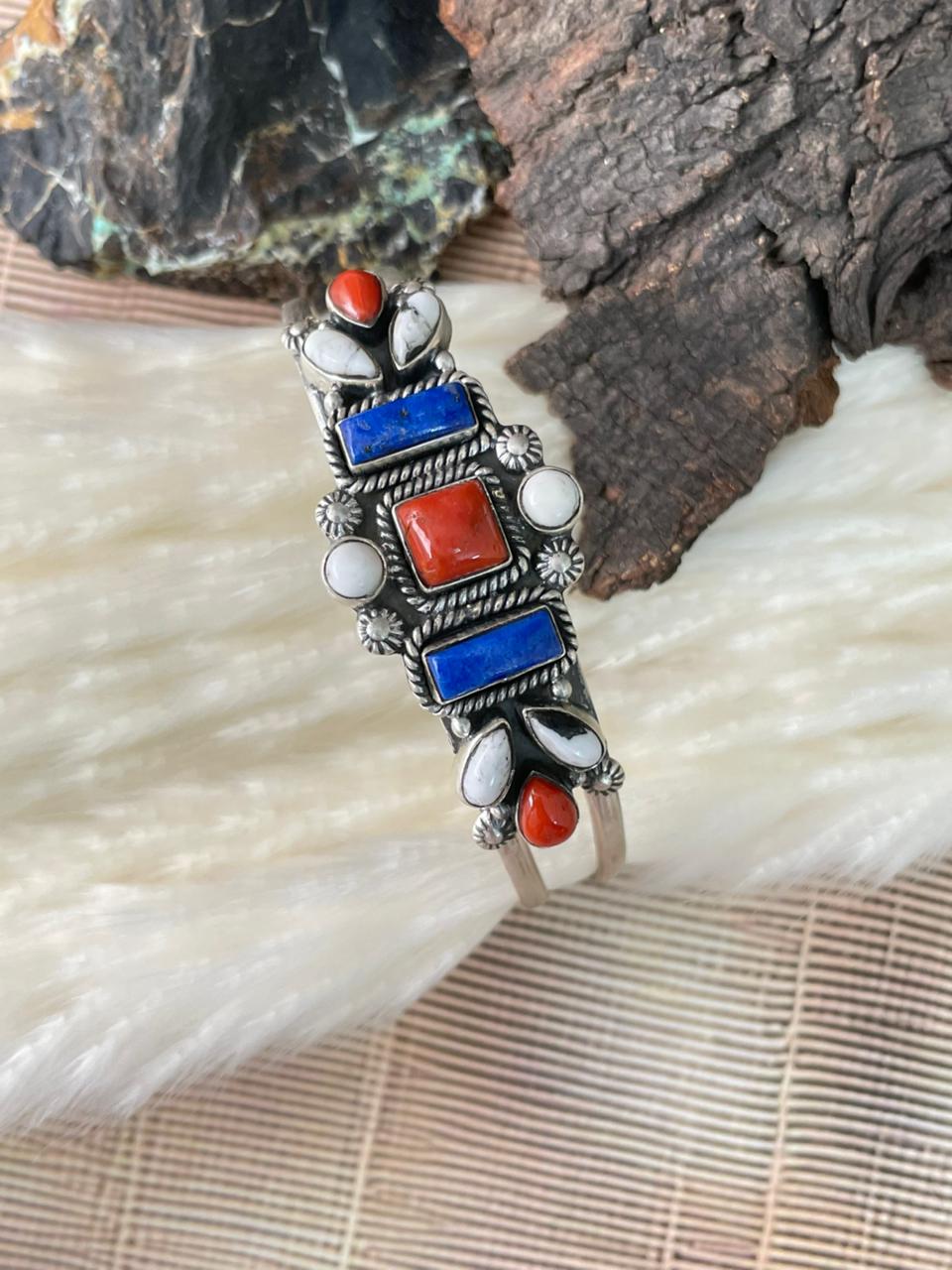 Handmade Sterling Silver 4th Of July Collection: Coral with Lapis and White Buffalo Cuff Bracelet "Signed Nizhoni"