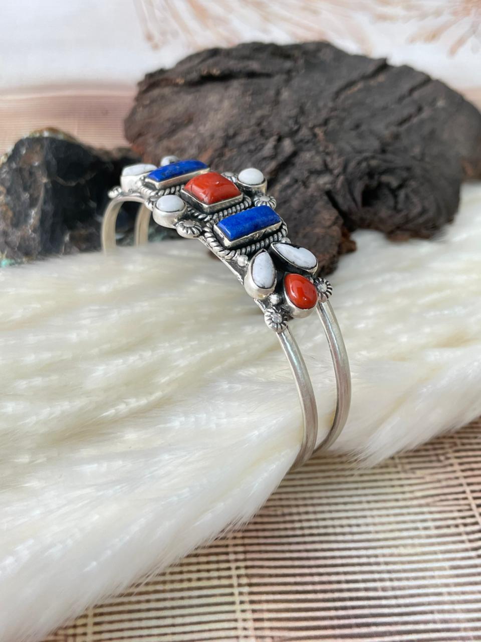 Handmade Sterling Silver 4th Of July Collection: Coral with Lapis and White Buffalo Cuff Bracelet "Signed Nizhoni"