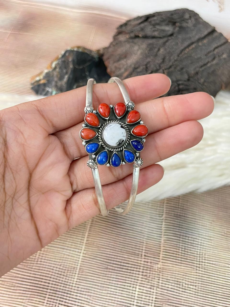 Handmade Sterling Silver 4th Of July Collection: Coral with Lapis and White Buffalo Cuff Bracelet "Signed Nizhoni"