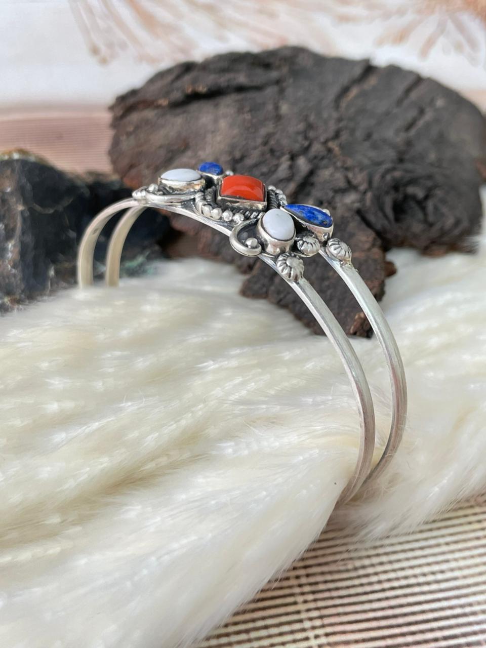 Handmade Sterling Silver 4th Of July Collection: Coral with Lapis and White Buffalo Cuff Bracelet "Signed Nizhoni"