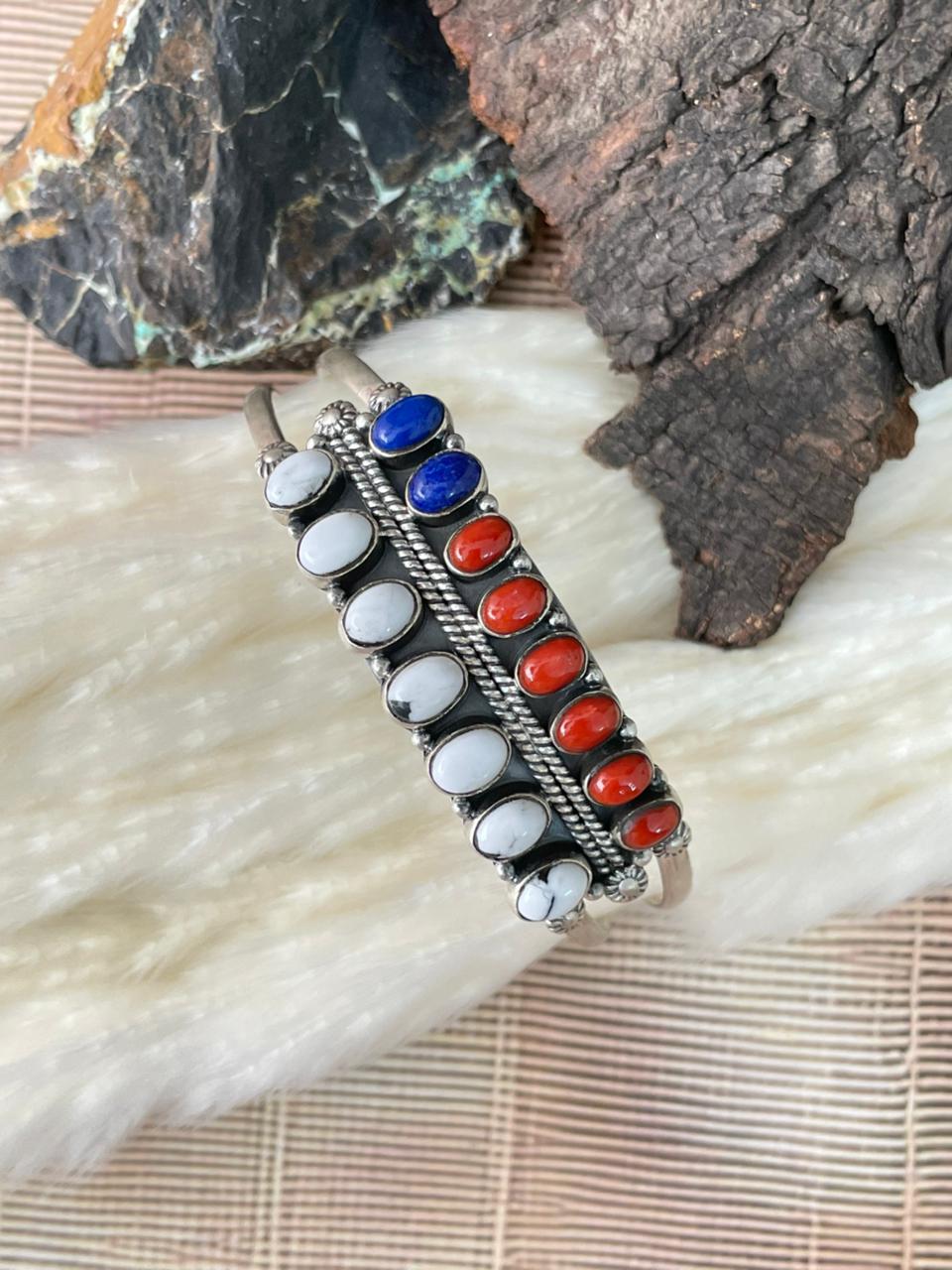 Handmade Sterling Silver 4th Of July Collection: Coral with Lapis and White Buffalo Cuff Bracelet "Signed Nizhoni"