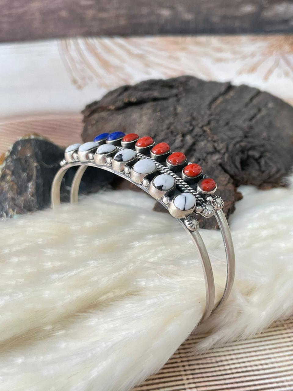 Handmade Sterling Silver 4th Of July Collection: Coral with Lapis and White Buffalo Cuff Bracelet "Signed Nizhoni"