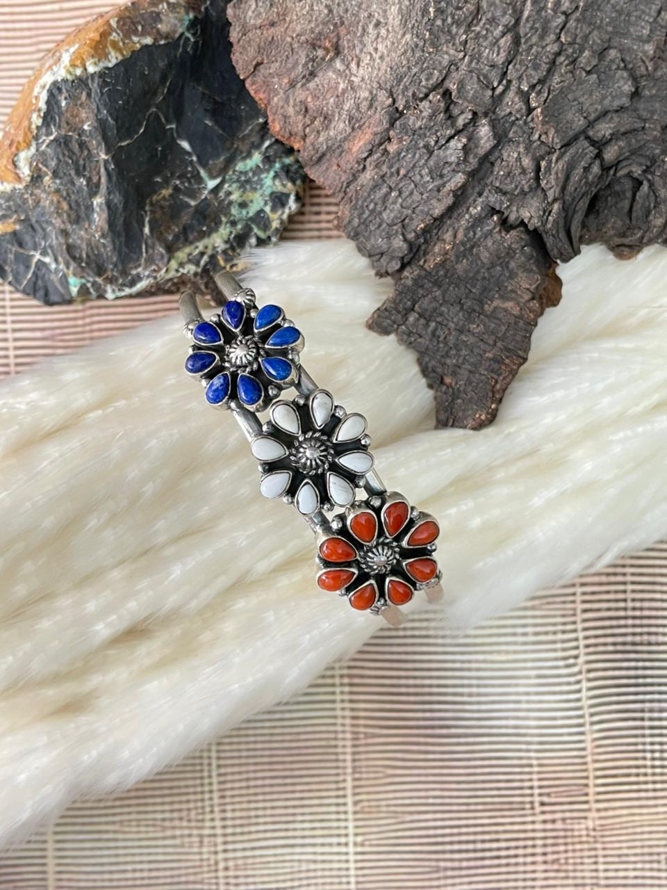 Handmade Sterling Silver 4th Of July Collection: Coral with Lapis and White Buffalo Cuff Bracelet "Signed Nizhoni"