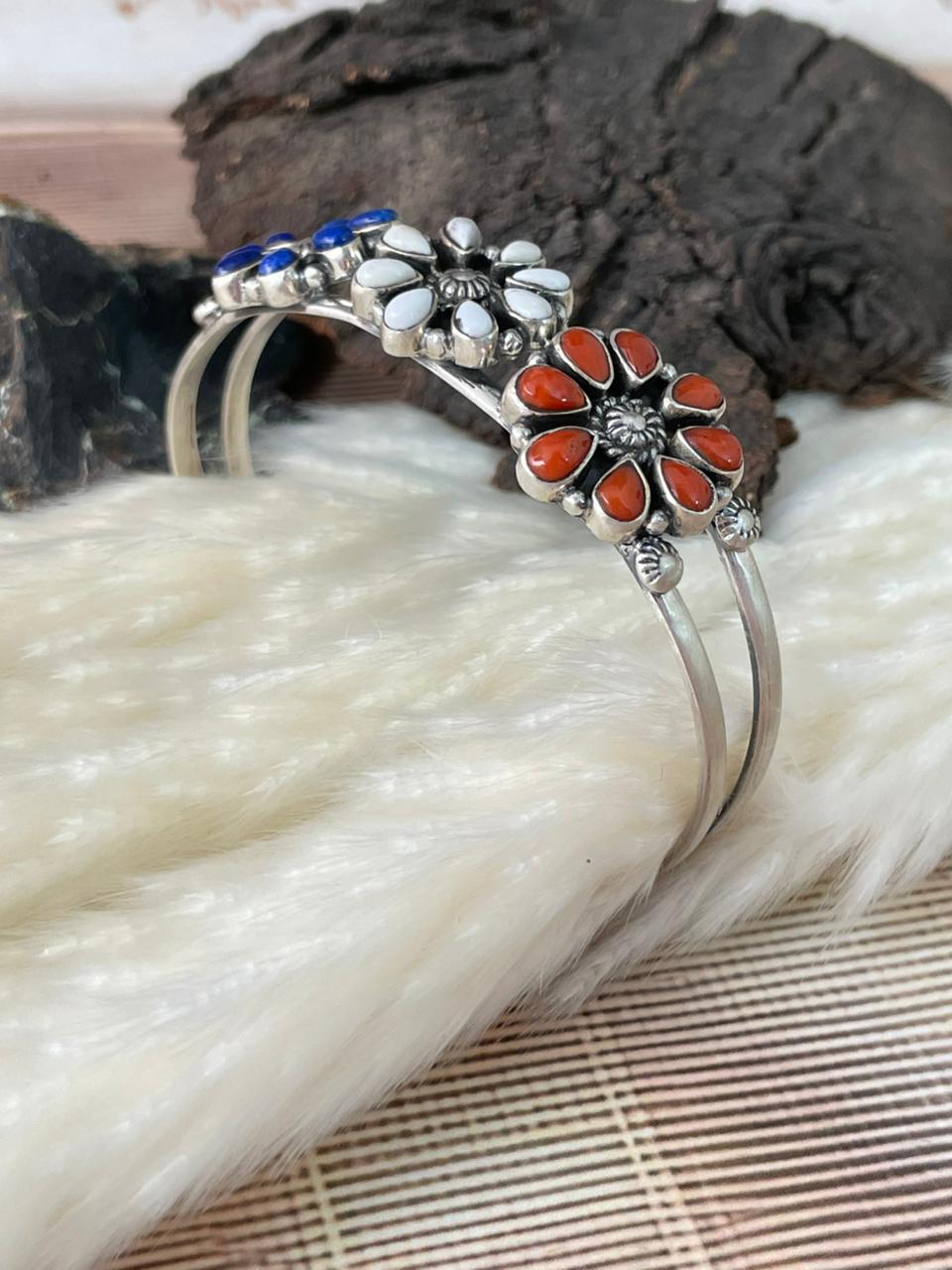 Handmade Sterling Silver 4th Of July Collection: Coral with Lapis and White Buffalo Cuff Bracelet "Signed Nizhoni"