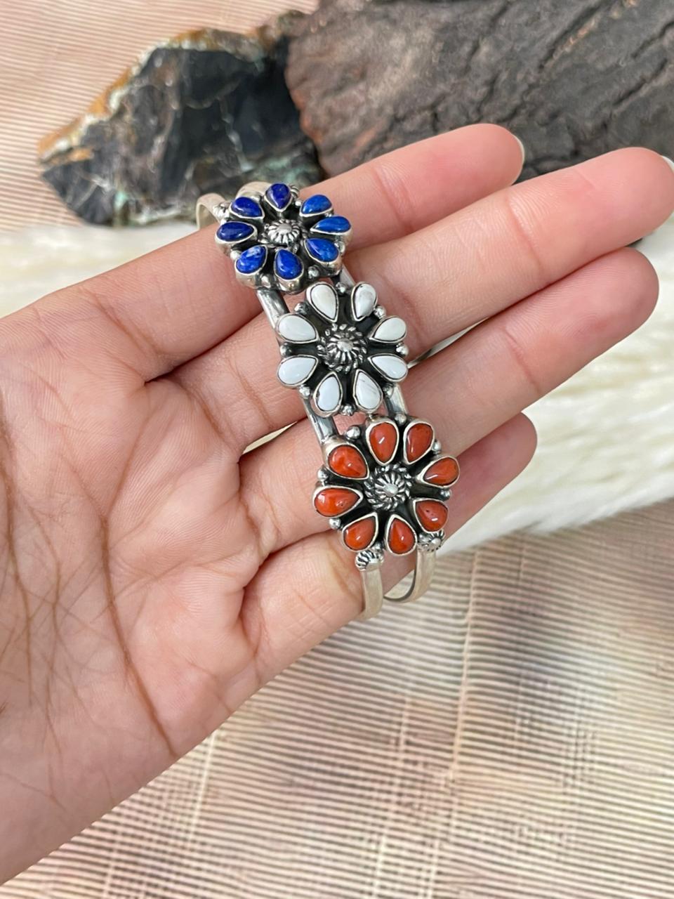 Handmade Sterling Silver 4th Of July Collection: Coral with Lapis and White Buffalo Cuff Bracelet "Signed Nizhoni"