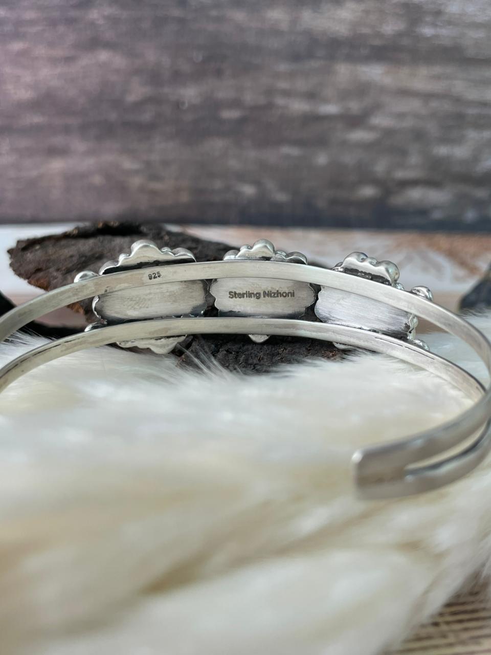 Handmade Sterling Silver 4th Of July Collection: Coral with Lapis and White Buffalo Cuff Bracelet "Signed Nizhoni"