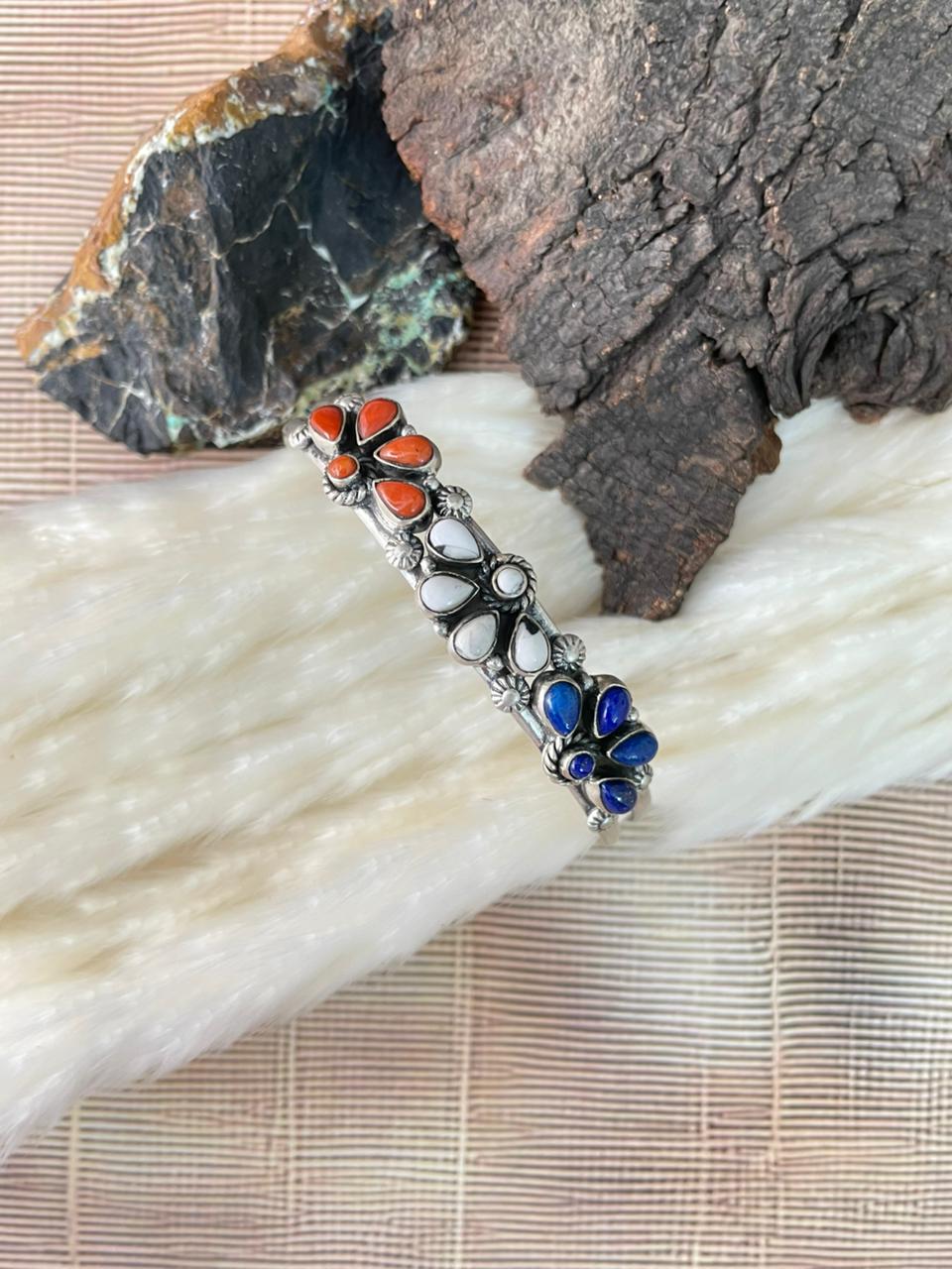 Handmade Sterling Silver 4th Of July Collection: Coral with Lapis and White Buffalo Cuff Bracelet "Signed Nizhoni"