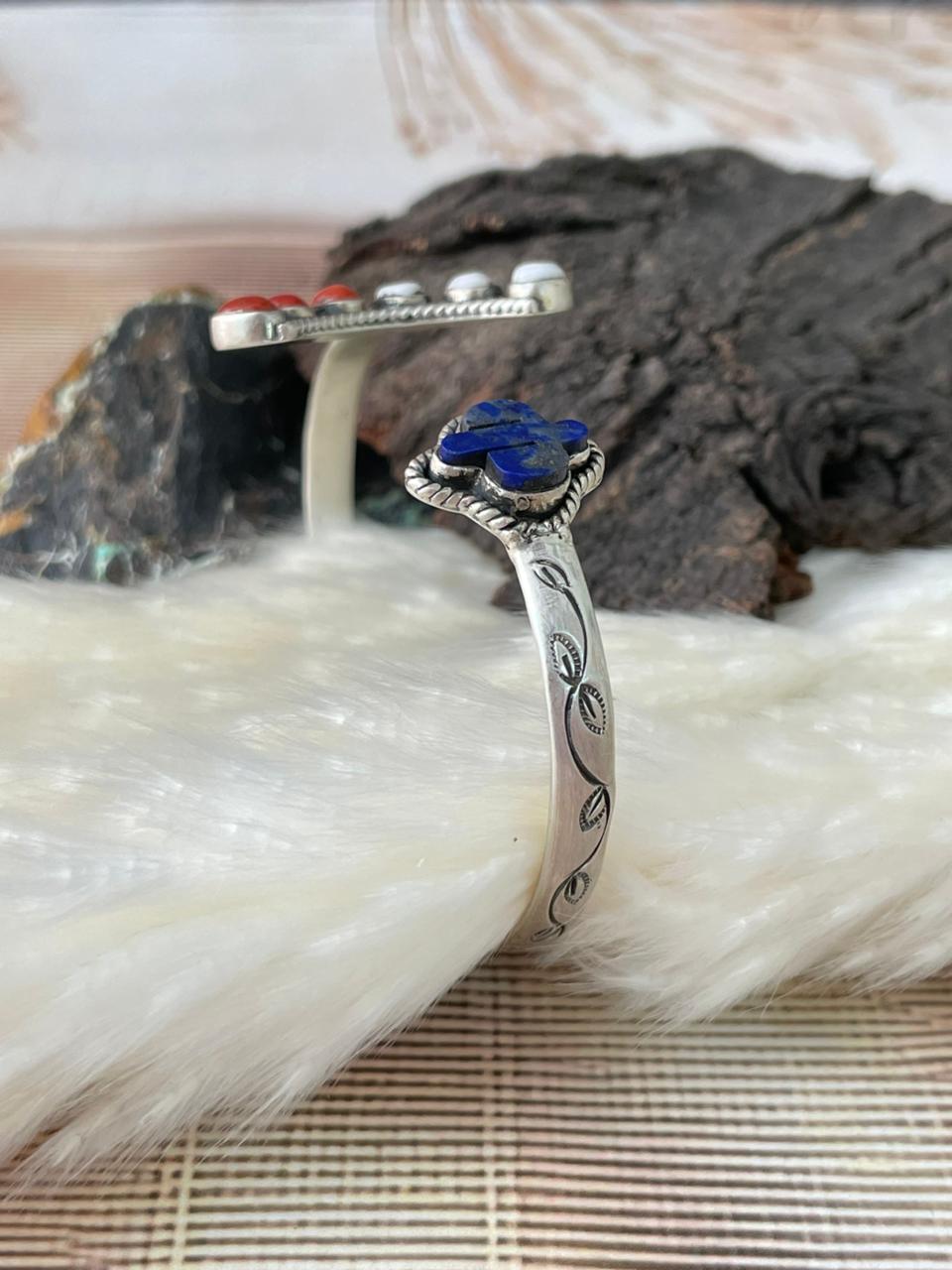 Handmade Sterling Silver 4th Of July Collection: Coral with Lapis and White Buffalo Cuff Bracelet "Signed Nizhoni"