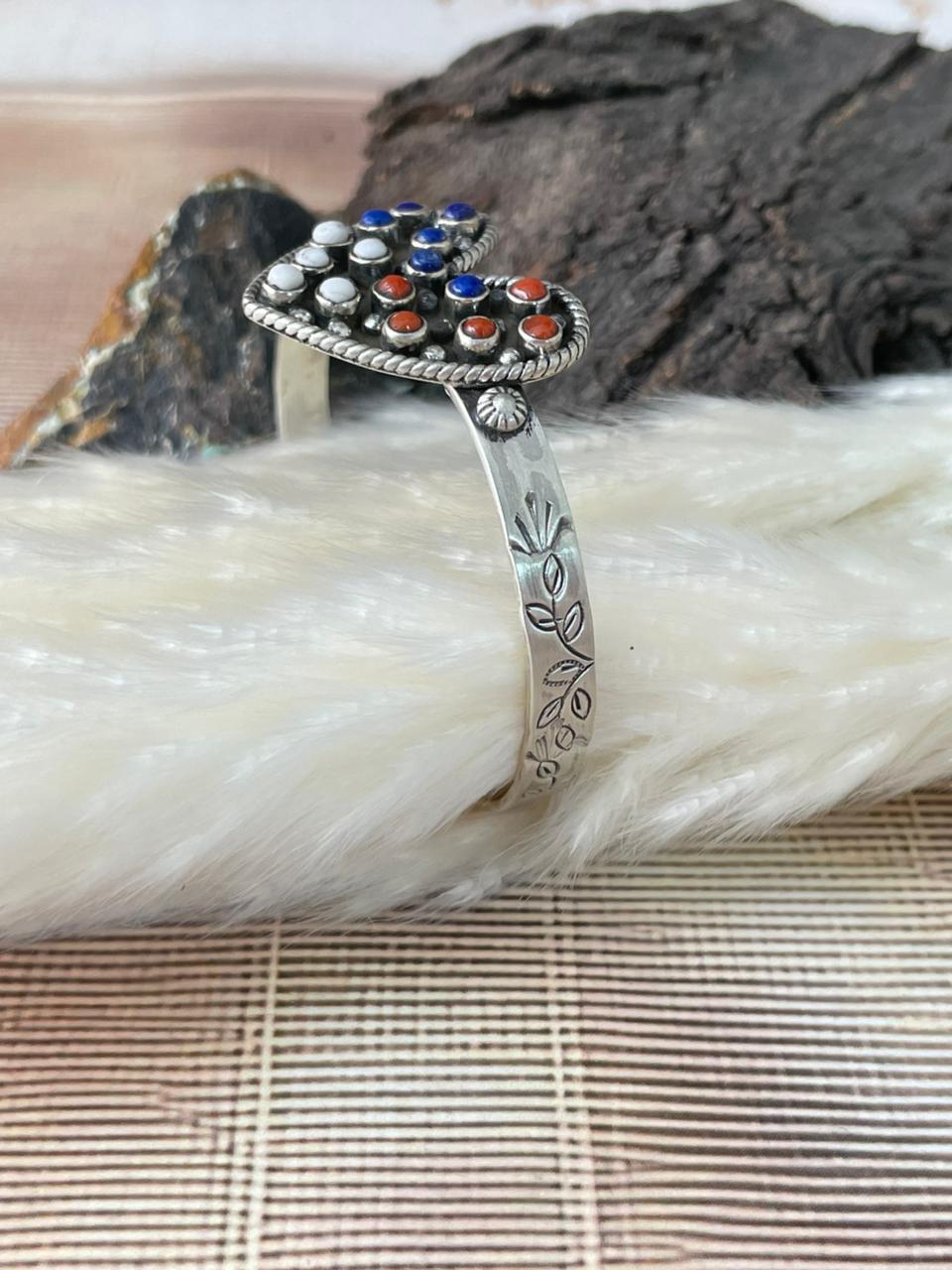 Handmade Sterling Silver 4th Of July Collection: Coral with Lapis and White Buffalo Heart Cuff Bracelet "Signed Nizhoni"