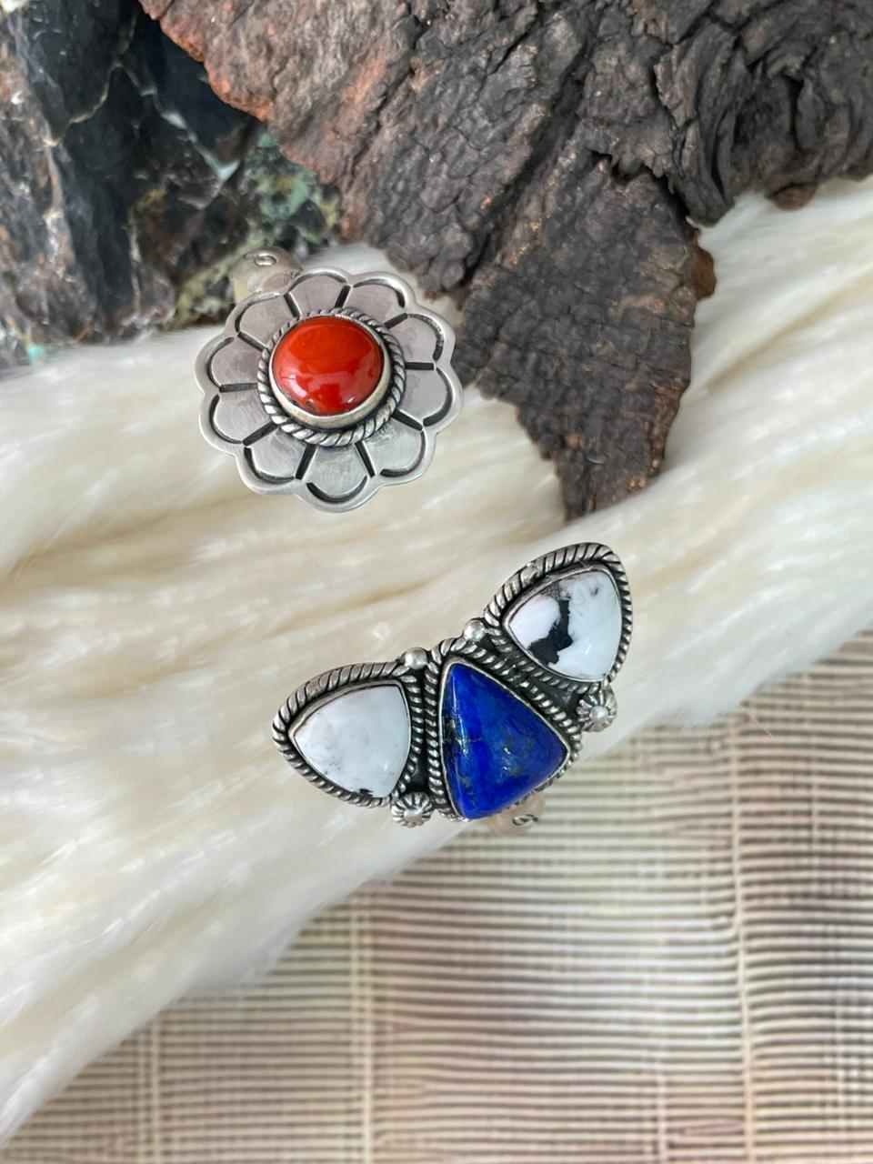 Handmade Sterling Silver 4th Of July Collection: Coral with Lapis and White Buffalo Cuff Bracelet "Signed Nizhoni"
