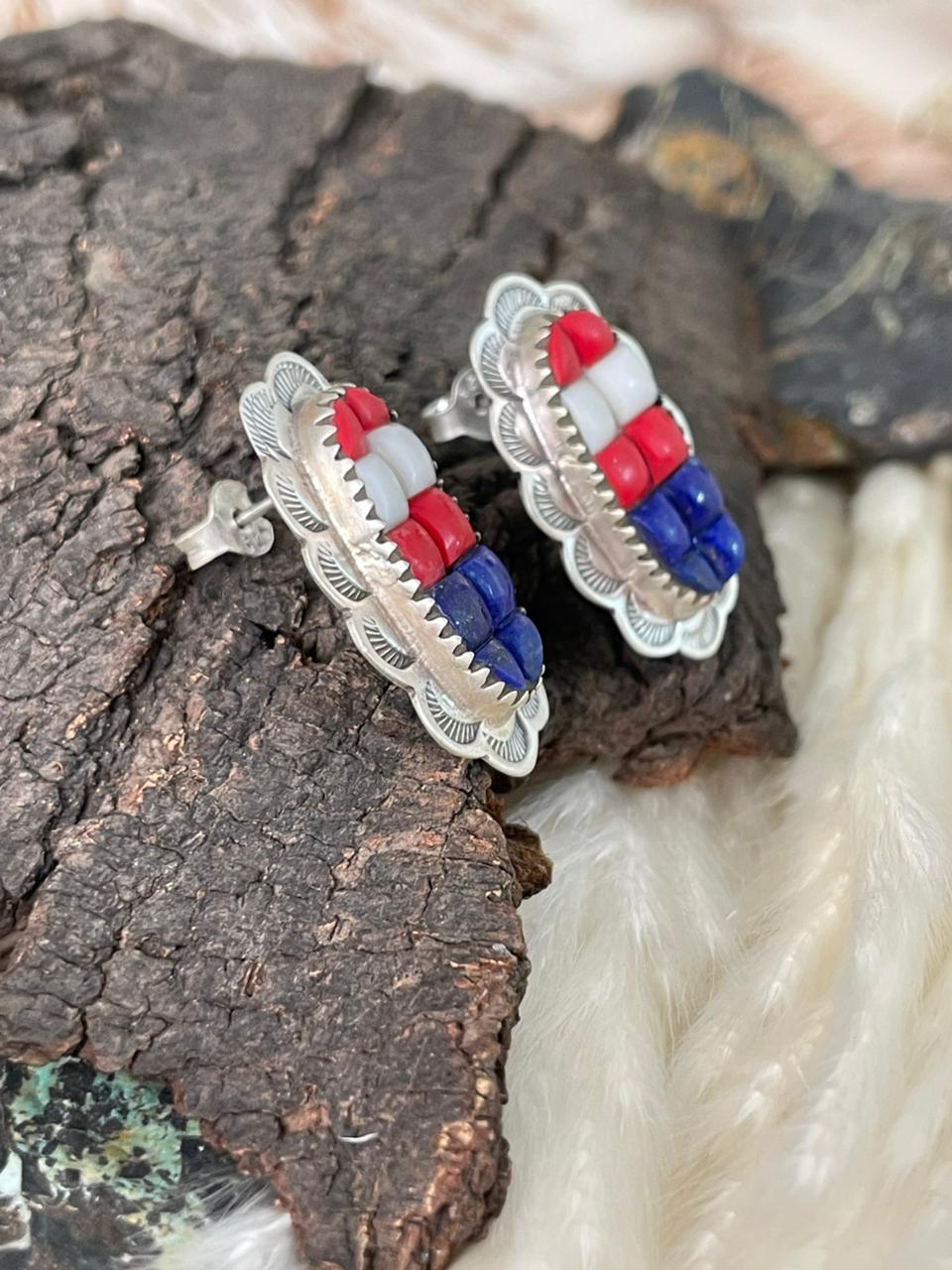 Handmade Sterling Silver 4th Of July Collection: Rosarita with Lapis and White Buffalo Adjustable Ring "Signed Nizhoni"