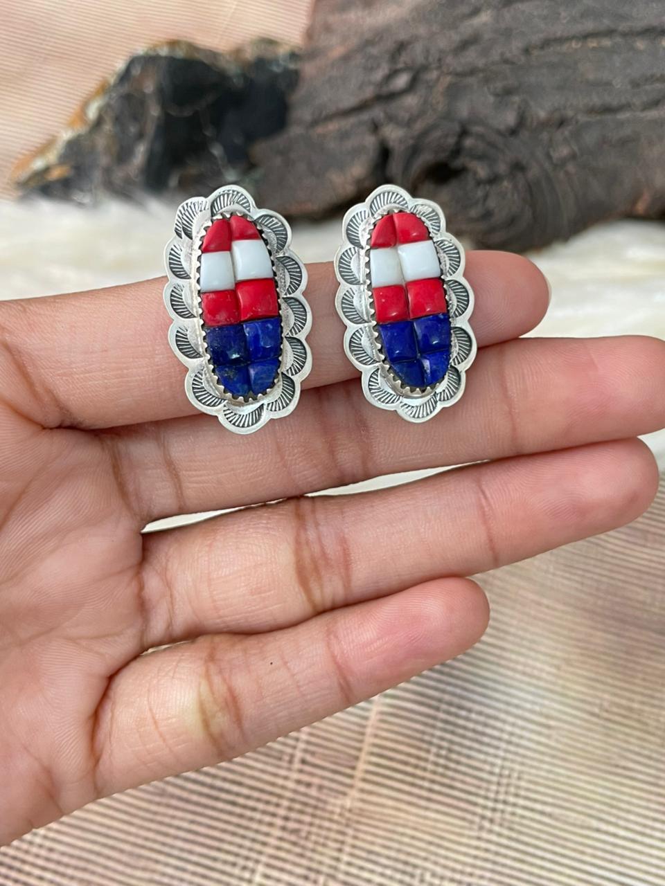 Handmade Sterling Silver 4th Of July Collection: Rosarita with Lapis and White Buffalo Adjustable Ring "Signed Nizhoni"