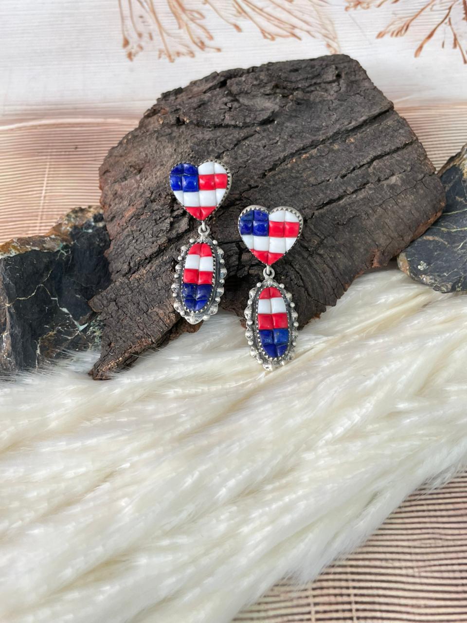 Handmade Sterling Silver 4th Of July Collection: Rosarita with Lapis and White Buffalo Post Dangle Earrings "Signed Nizhoni"