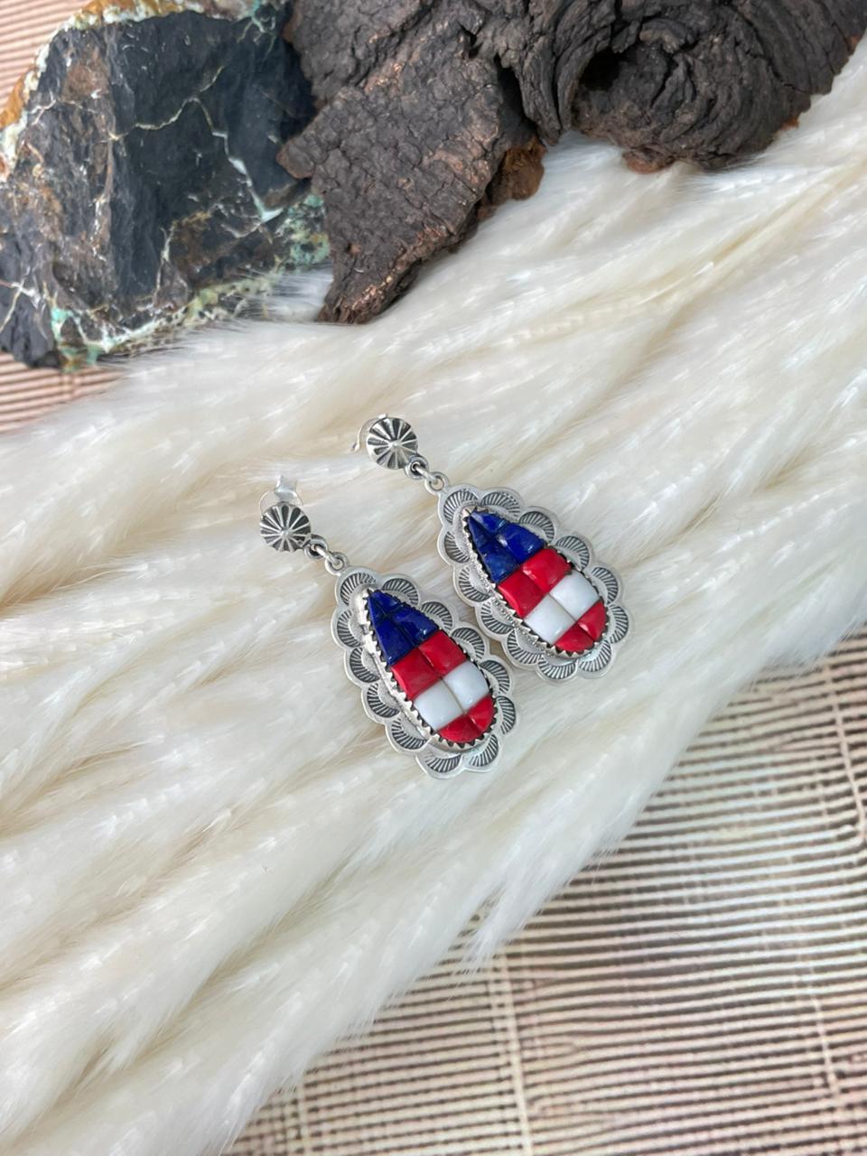 Handmade Sterling Silver 4th Of July Collection: Rosarita with Lapis and White Buffalo Post Dangle Earrings "Signed Nizhoni"