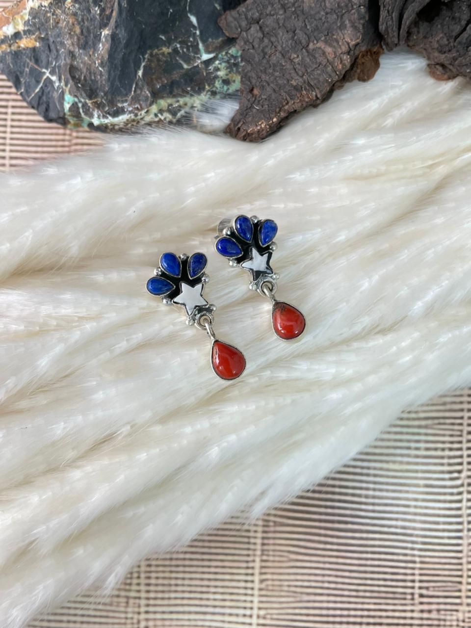 Handmade Sterling Silver 4th Of July Collection: Coral with Lapis and White Buffalo Post Dangle Earrings "Signed Nizhoni"
