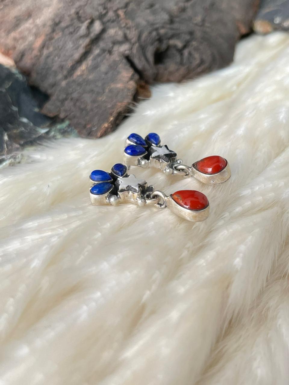 Handmade Sterling Silver 4th Of July Collection: Coral with Lapis and White Buffalo Post Dangle Earrings "Signed Nizhoni"
