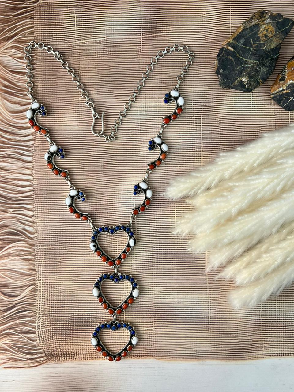 Handmade Sterling Silver 4th Of July Collection: Coral with Lapis and White Buffalo Heart Necklace "Signed Nizhoni"