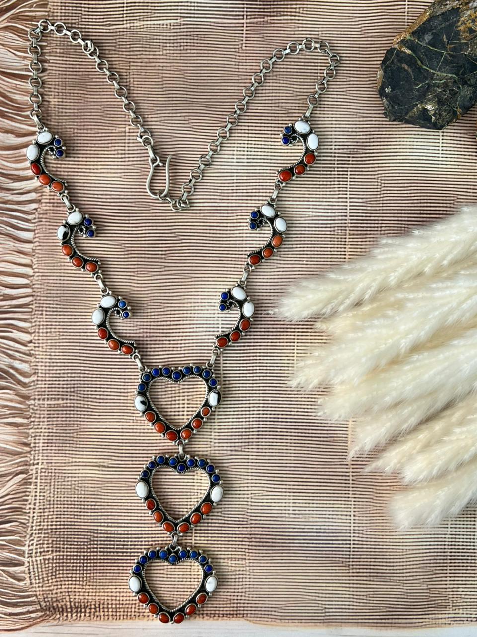Handmade Sterling Silver 4th Of July Collection: Coral with Lapis and White Buffalo Heart Necklace "Signed Nizhoni"