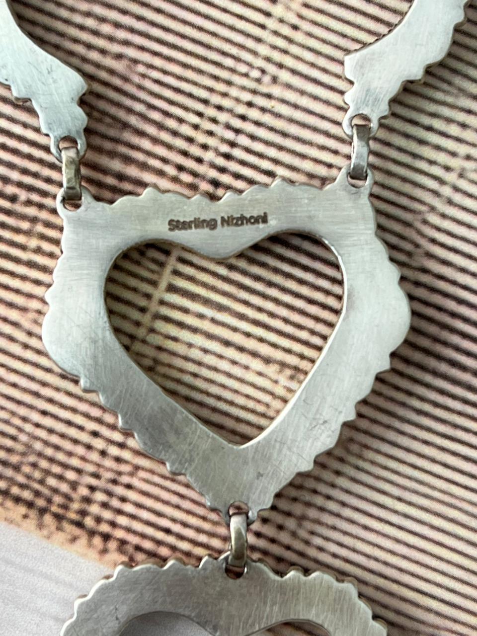 Handmade Sterling Silver 4th Of July Collection: Coral with Lapis and White Buffalo Heart Necklace "Signed Nizhoni"