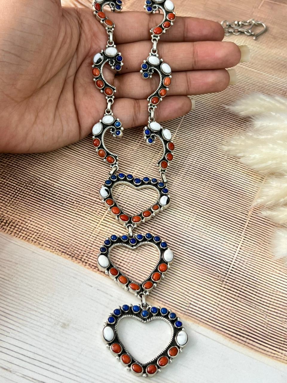 Handmade Sterling Silver 4th Of July Collection: Coral with Lapis and White Buffalo Heart Necklace "Signed Nizhoni"