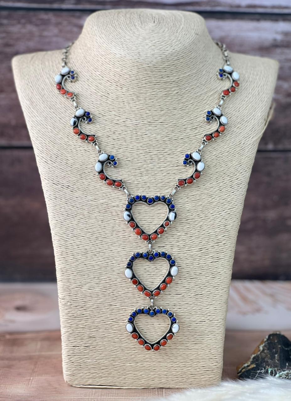 Handmade Sterling Silver 4th Of July Collection: Coral with Lapis and White Buffalo Heart Necklace "Signed Nizhoni"