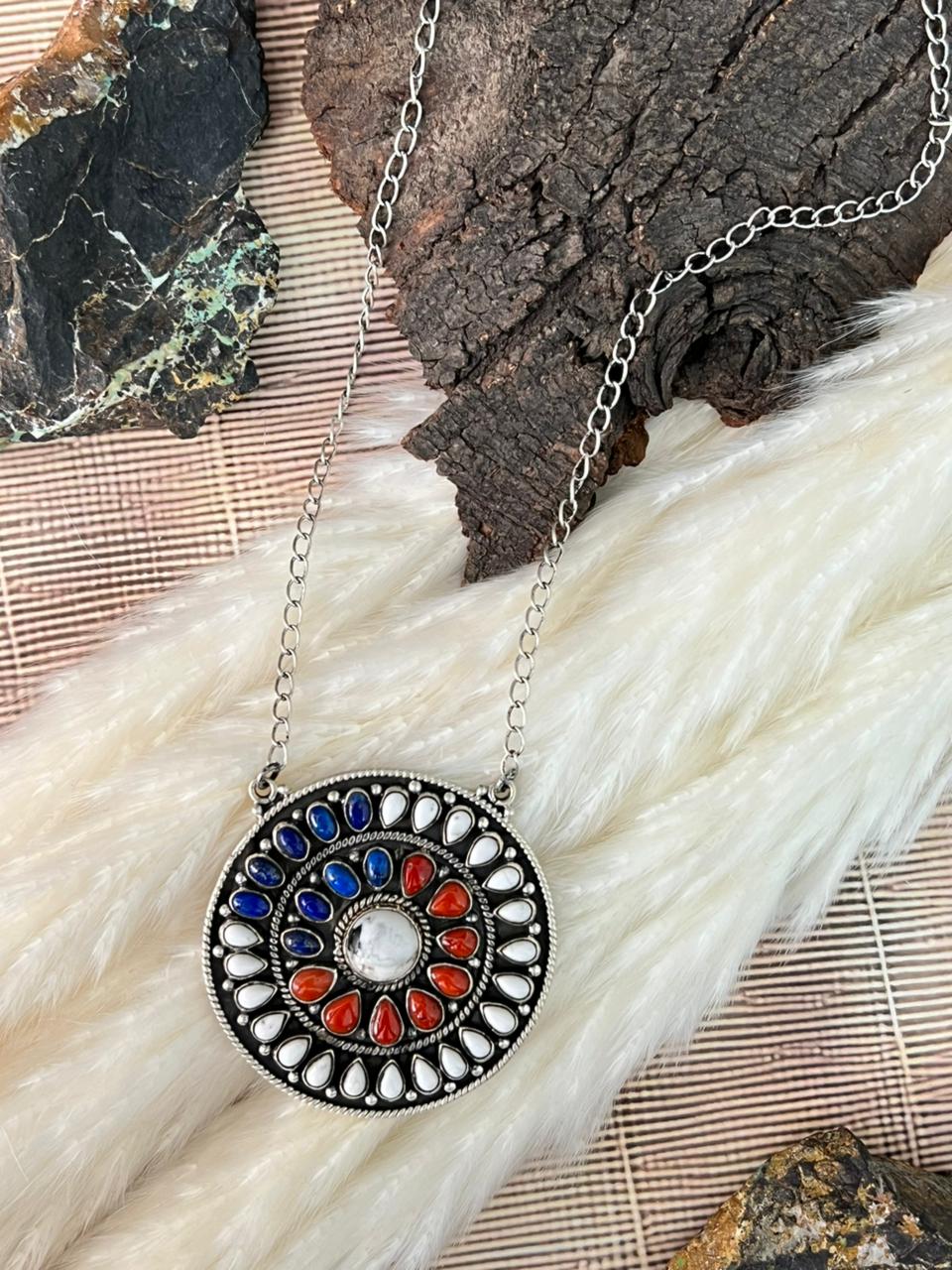 Handmade Sterling Silver 4th Of July Collection: Coral with Lapis and White Buffalo Necklace "Signed Nizhoni"