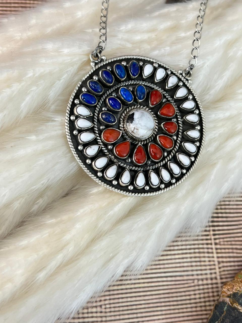 Handmade Sterling Silver 4th Of July Collection: Coral with Lapis and White Buffalo Necklace "Signed Nizhoni"