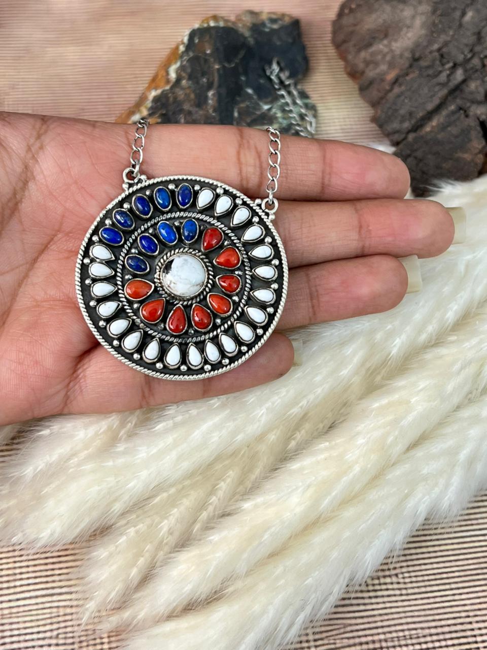 Handmade Sterling Silver 4th Of July Collection: Coral with Lapis and White Buffalo Necklace "Signed Nizhoni"