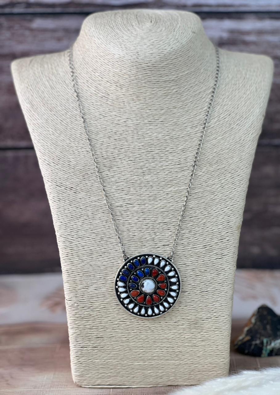 Handmade Sterling Silver 4th Of July Collection: Coral with Lapis and White Buffalo Necklace "Signed Nizhoni"