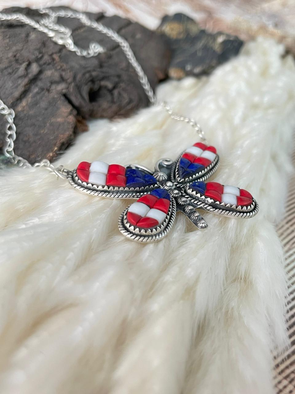 Handmade Sterling Silver 4th Of July Collection: Rosarita with Lapis and White Buffalo Butterfly Necklace "Signed Nizhoni"