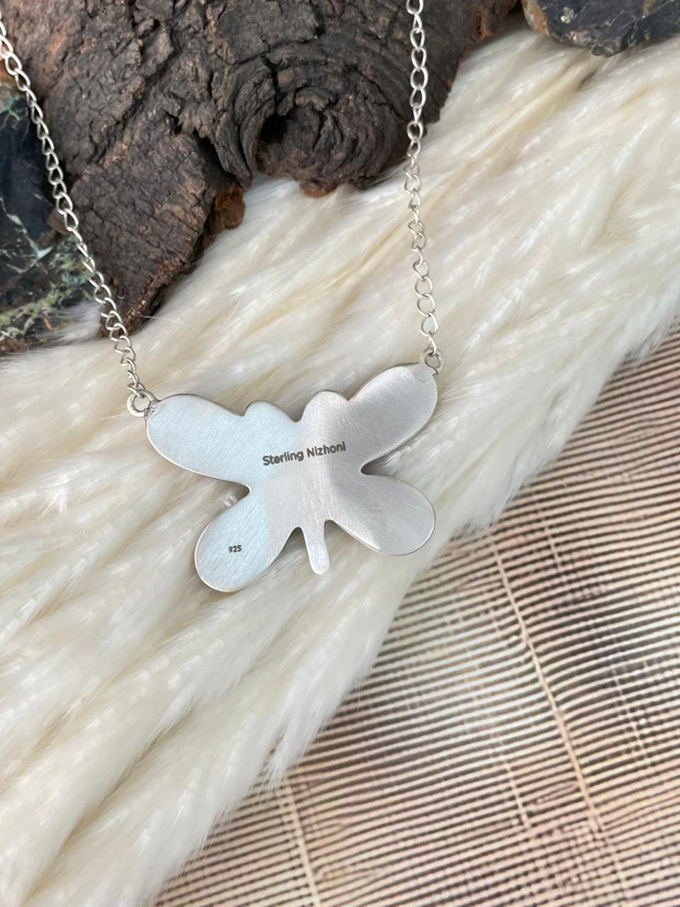 Handmade Sterling Silver 4th Of July Collection: Rosarita with Lapis and White Buffalo Butterfly Necklace "Signed Nizhoni"