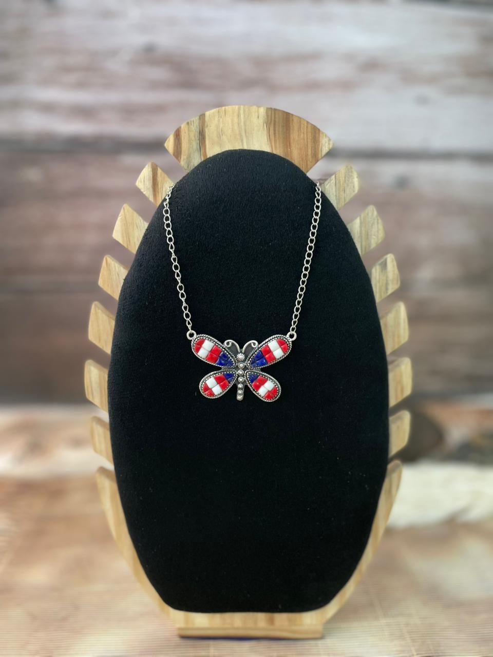 Handmade Sterling Silver 4th Of July Collection: Rosarita with Lapis and White Buffalo Butterfly Necklace "Signed Nizhoni"