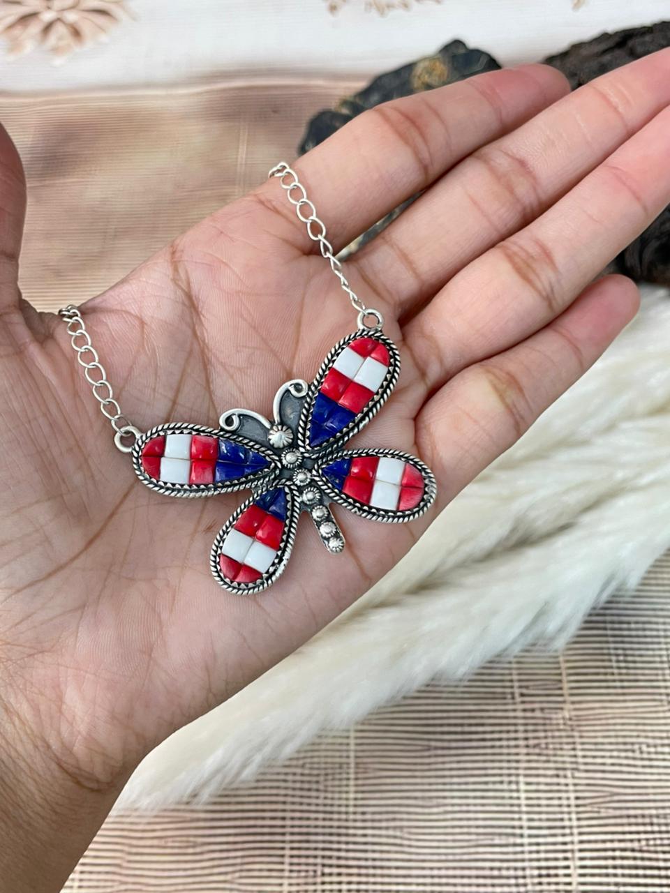 Handmade Sterling Silver 4th Of July Collection: Rosarita with Lapis and White Buffalo Butterfly Necklace "Signed Nizhoni"