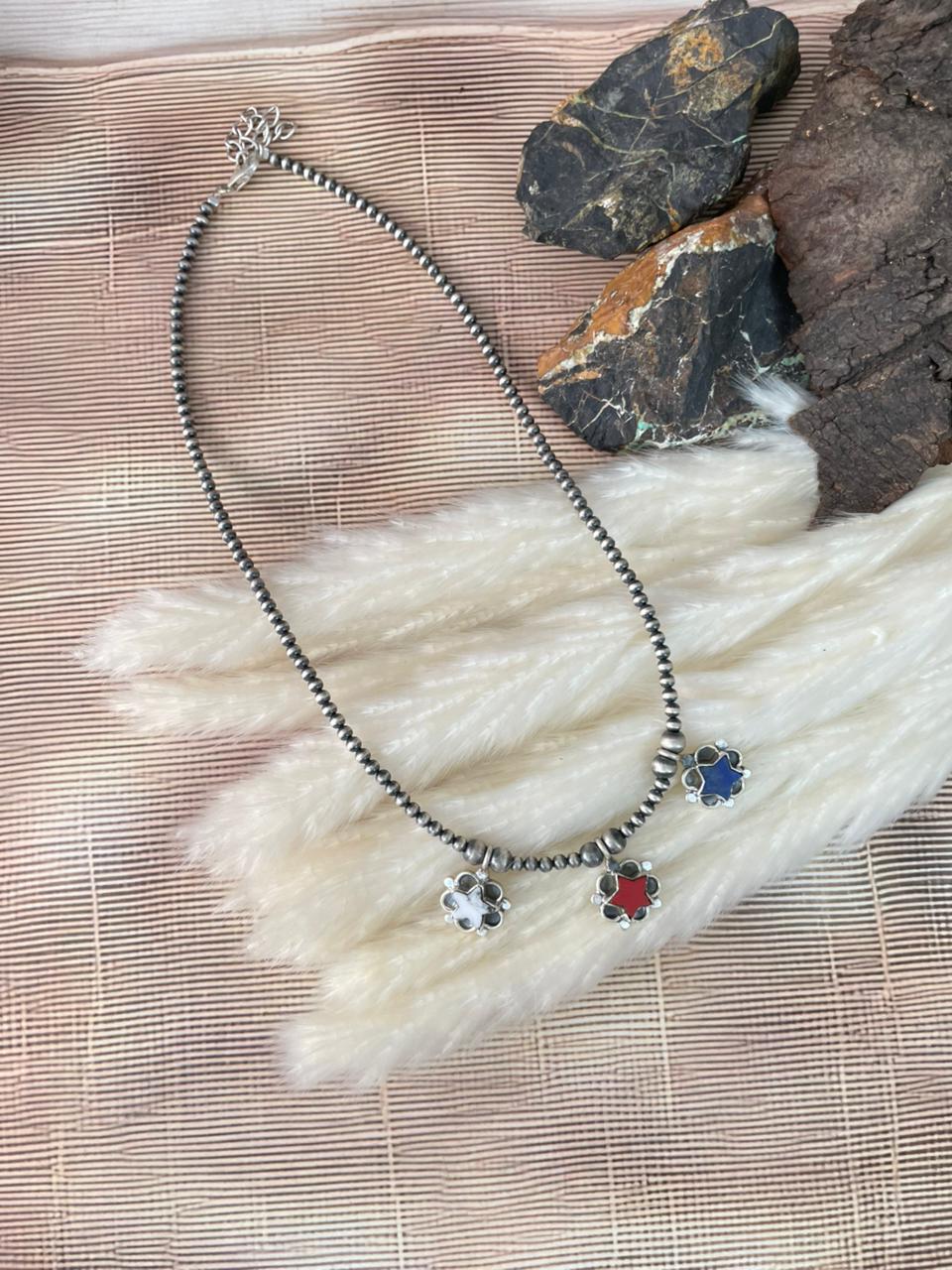 Handmade Sterling Silver 4th Of July Collection: Rosarita with Lapis and White Buffalo Beaded Necklace "Signed Nizhoni"
