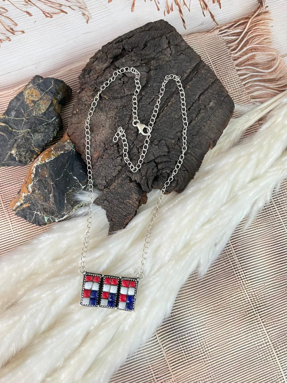 Handmade Sterling Silver 4th Of July Collection: Rosarita with Lapis and White Buffalo Bar Necklace "Signed Nizhoni"